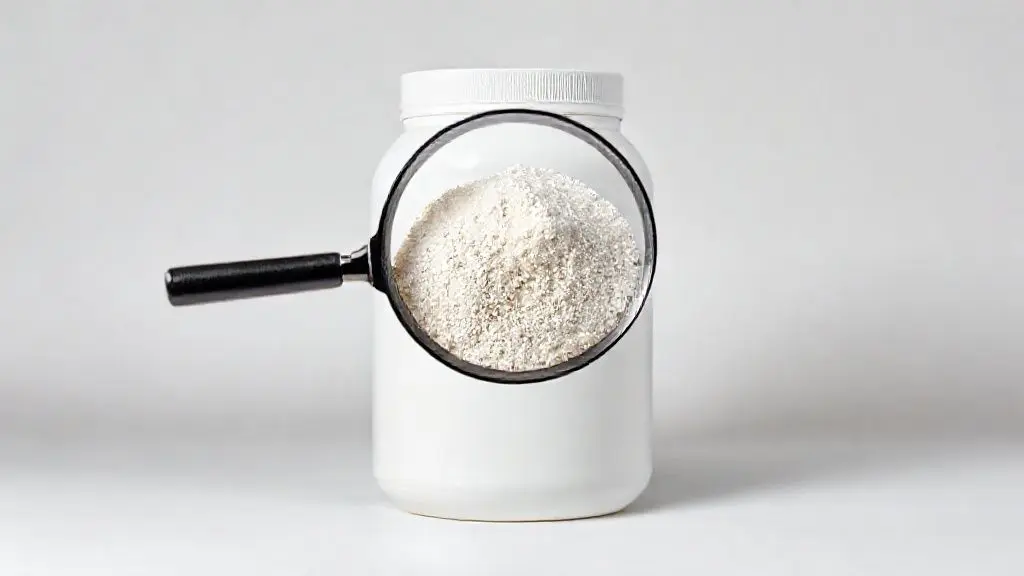 Pote de whey protein sem marca sendo inspecionado com uma lupa, simbolizando a verificação de autenticidade e a luta contra a falsificação.