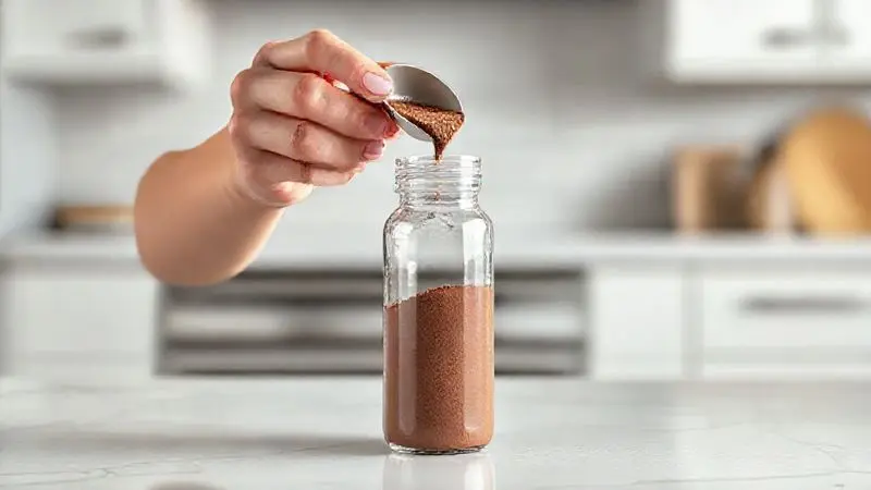 Ilustração mostrando como tomar o Whey Toddy, com mãos adicionando o pó de suplemento de chocolate em uma coqueteleira com leite.