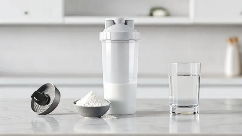 Render 3D ilustrando a forma correta de como tomar o Femini Whey, com um shaker e uma dose do suplemento.