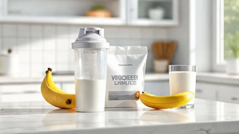 Cena ilustrativa com uma coqueteleira e ingredientes para mostrar como tomar e incorporar o Whey Profit na sua rotina.