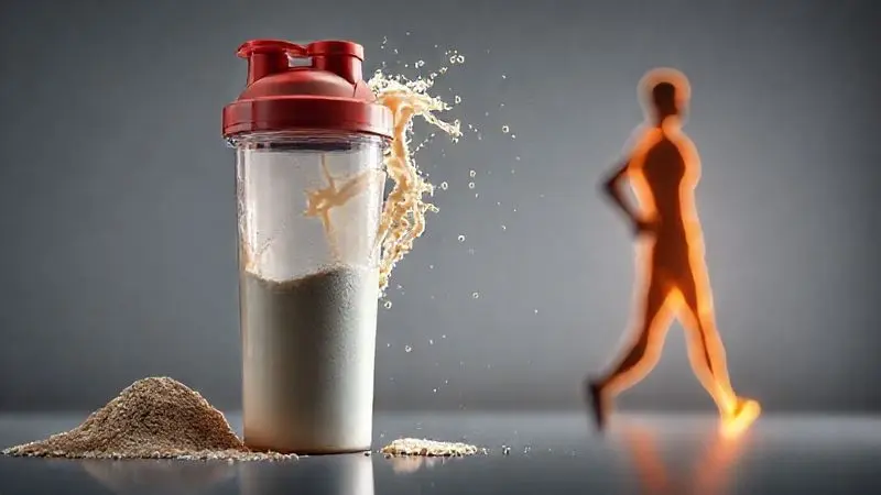 Ilustração de como tomar whey protein, mostrando um shaker e uma silhueta atlética, simbolizando a preparação para melhores resultados.