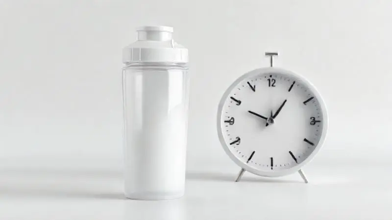 Ilustração sobre como tomar whey, mostrando uma coqueteleira ao lado de um relógio que sugere os melhores horários para consumo do suplemento.