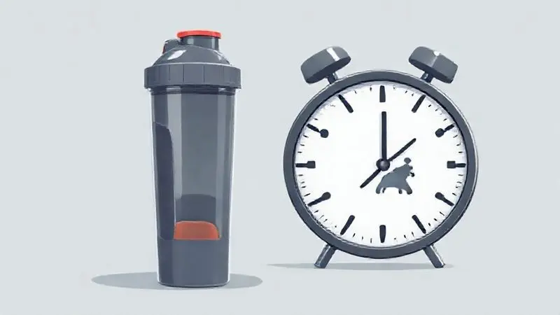 Ilustração digital de um shaker de whey protein ao lado de um relógio, indicando o melhor momento para tomar o suplemento e obter resultados.