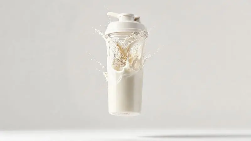 Ilustração mostrando o preparo correto de um shake de whey protein, com o pó e o líquido se misturando de forma dinâmica.
