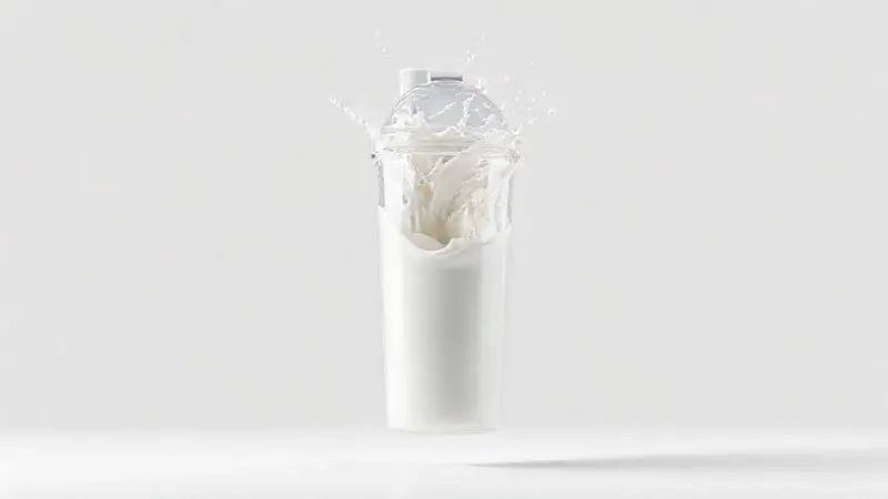 Render 3D de whey protein sendo preparado corretamente em uma coqueteleira, com um splash de líquido e pó se misturando.