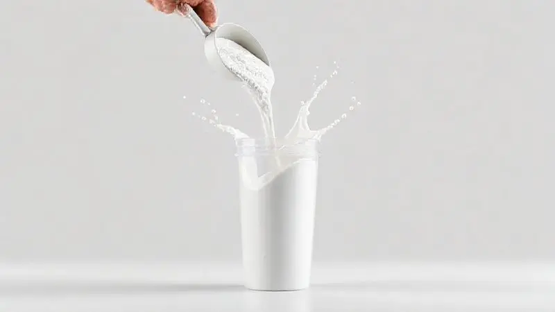 Ilustração mostrando o modo de preparo correto do whey protein, misturando o pó de suplemento em uma coqueteleira com líquido.