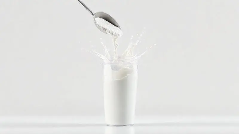 Ilustração de como tomar whey protein corretamente, mostrando um scoop de pó sendo adicionado a uma coqueteleira com líquido.