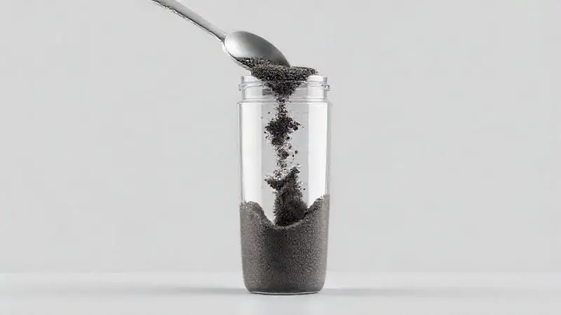 Render 3D mostrando a forma correta de preparar o Whey Protein, com o pó sendo misturado de forma eficaz em um shaker para máxima absorção.