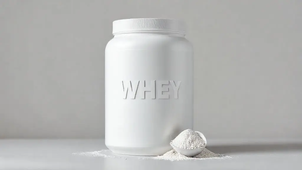 Um pote de whey protein branco e sem marca ao lado de um medidor, ilustrando o guia completo sobre como tomar o suplemento do jeito certo.