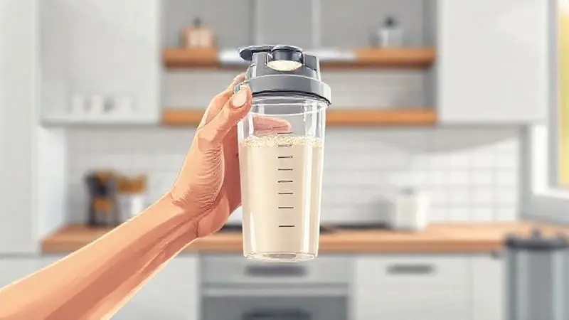 Ilustração mostrando o modo de preparo correto do whey protein, com uma pessoa misturando o pó em uma coqueteleira na cozinha.