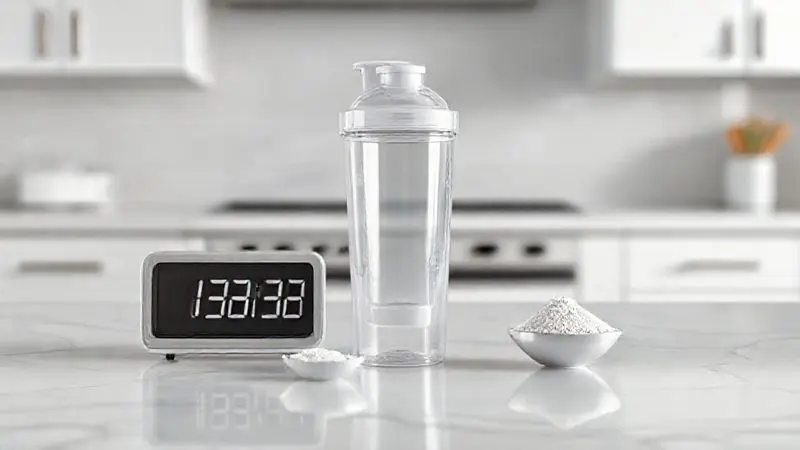 Ilustração sobre como tomar whey protein, mostrando uma coqueteleira, um scoop e um relógio para representar a dosagem e o horário ideal.