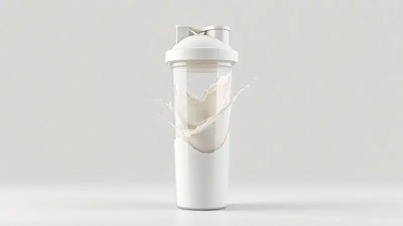Render 3D mostrando a forma de preparar whey protein, com o pó sendo misturado em uma coqueteleira de forma dinâmica.