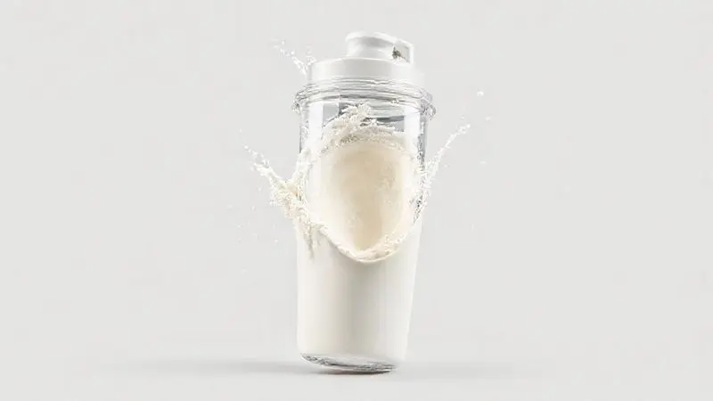 Ilustração de um copo de shaker preparando um shake de whey protein, indicando como tomar o suplemento para melhores resultados.