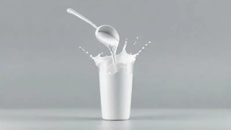 Ilustração 3D de como tomar whey protein, mostrando um scoop de pó sendo adicionado a uma coqueteleira com líquido.