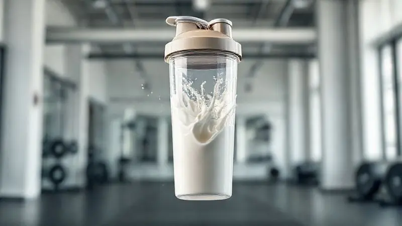 Render 3D de uma coqueteleira misturando whey protein, ilustrando a forma correta de como tomar o suplemento.