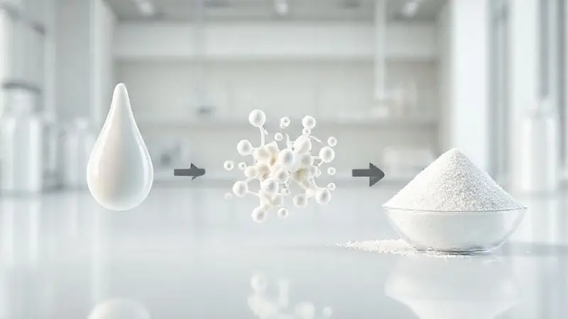 Ilustração conceitual do processo de produção do whey protein, desde o leite até a forma de pó puro, destacando a tecnologia envolvida.