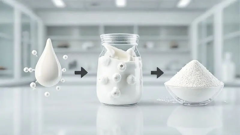 Ilustração 3D mostrando o processo de produção do whey protein a partir do leite, se transformando em pó em um ambiente de laboratório.