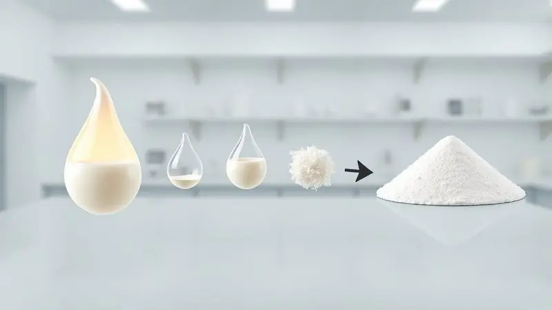 Ilustração do processo de produção do whey protein, mostrando a transformação do leite em pó de proteína em um ambiente de laboratório.