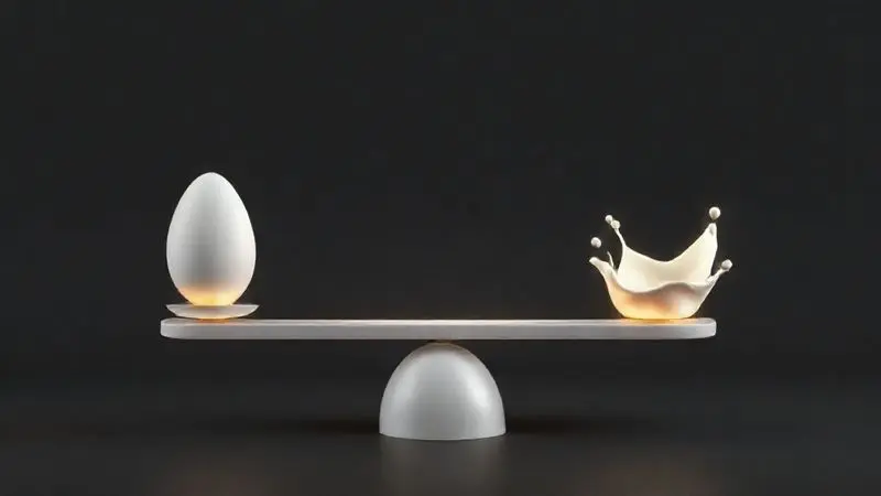 Ilustração conceitual de uma balança comparando albumina, representada por um ovo, e whey protein, representado por leite.
