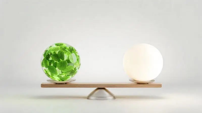 Balança equilibrando uma esfera de planta e uma esfera de leite, representando a comparação entre a proteína de soja e o whey protein.