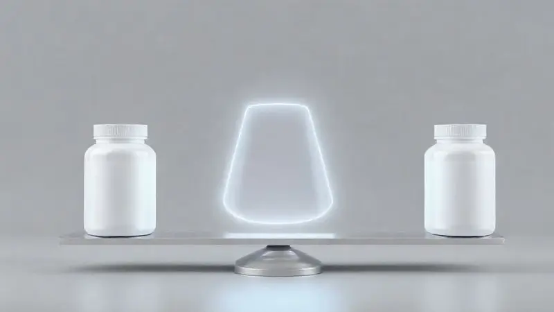 Cena conceitual comparando suplementos de whey protein, com dois potes genéricos em uma balança de luz para representar a análise de produtos.