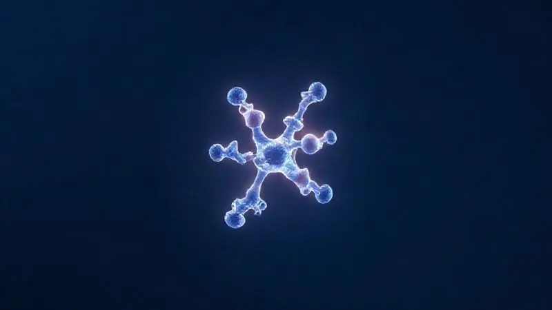 Ilustração 3D mostrando a estrutura molecular da proteína para explicar a composição e os benefícios do Whey Health Labs.