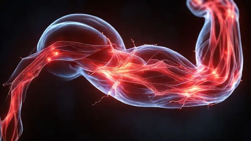 Ilustração conceitual da construção e manutenção muscular, mostrando fibras musculares se fortalecendo após o consumo de whey protein.