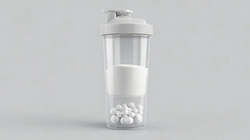 Render 3D de uma coqueteleira conceitual com compartimentos separados na base para armazenar suplementos em pó e cápsulas de forma organizada.