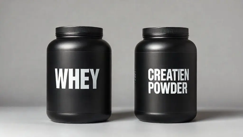Dois potes de suplementos sem marca, representando a escolha entre creatina ou whey protein, em um fundo de estúdio limpo para ilustrar suas diferenças.