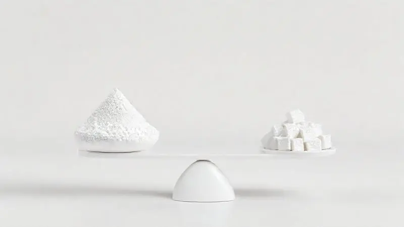 Ilustração artística sobre o açúcar no Whey Toddy, mostrando uma balança conceitual com proteína de um lado e cubos de açúcar do outro, alertando para a composição.