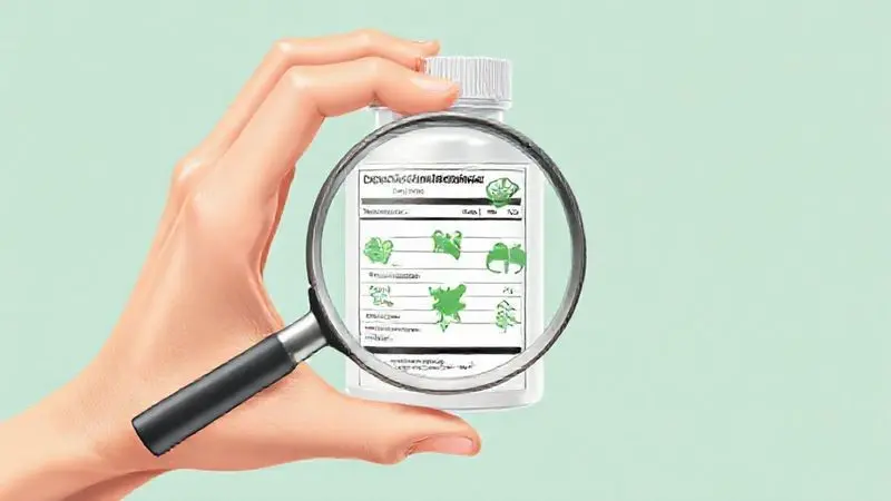 Ilustração representando os cuidados ao escolher um suplemento, com uma lupa analisando ingredientes em um rótulo genérico.