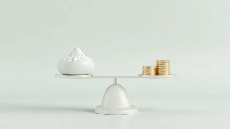 Ilustração de uma balança equilibrando um scoop de whey e moedas, simbolizando o bom custo-benefício do produto.