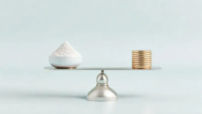 Ilustração conceitual do custo-benefício do Whey Health Time, com uma balança equilibrando o valor e o rendimento do produto.