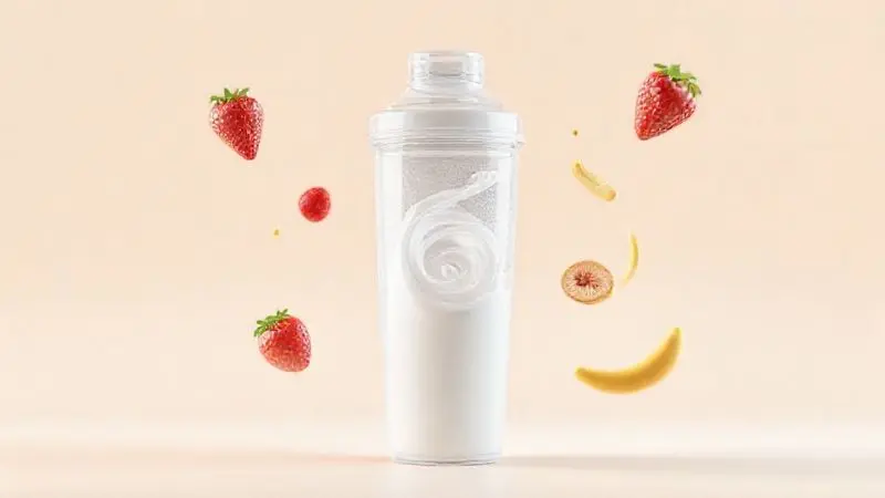 Ilustração 3D de um shaker preparando um shake de whey protein cremoso, demonstrando as dicas de preparo do suplemento.