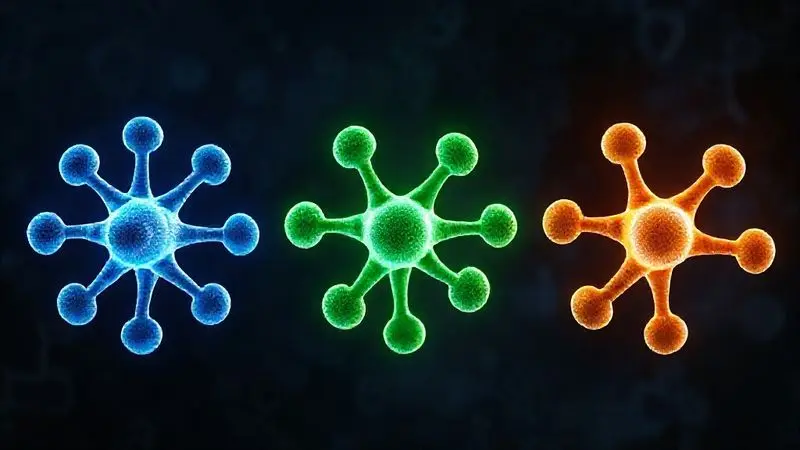 Ilustração conceitual comparando diferentes tipos de whey protein, com moléculas de proteína de cores distintas para representar suas diferenças.