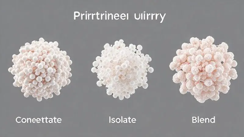 Render conceitual que ilustra a diferença de pureza entre os tipos de whey protein: concentrado, isolado e o blend.