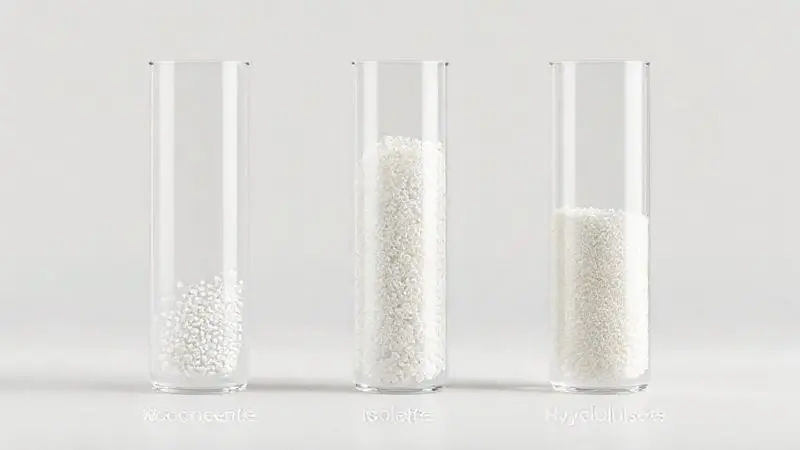 Ilustração 3D mostrando três tubos de ensaio com diferentes níveis de pureza, representando a diferença entre whey isolado, concentrado e hidrolisado.