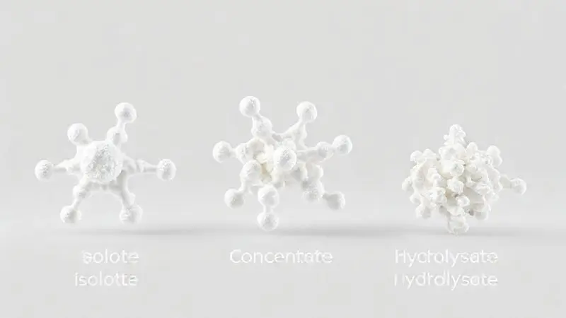 Render 3D artístico mostrando as diferenças moleculares entre whey protein isolado, concentrado e hidrolisado de forma conceitual.