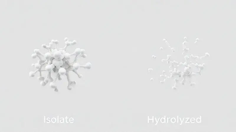 Comparativo visual mostrando a estrutura molecular complexa do whey isolado ao lado da estrutura mais simples e pré-digerida do whey hidrolisado.