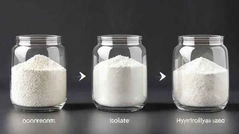 Ilustração conceitual mostrando as diferenças moleculares e de filtragem entre os tipos de whey protein: concentrado, isolado e hidrolisado.