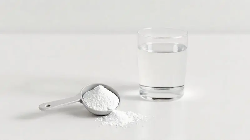 Ilustração 3D de um medidor (scoop) com suplemento em pó ao lado de um copo de água, representando a dosagem correta de creatina ou whey.