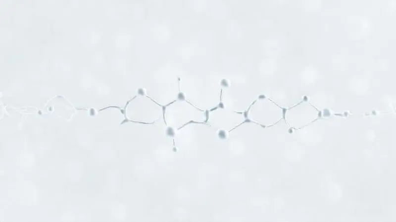 Ilustração 3D representando a ficha técnica e a composição de um whey protein, com destaque para a estrutura molecular dos aminoácidos.