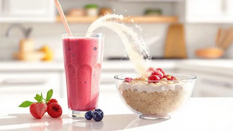 Ilustração mostrando formas criativas de incluir whey protein na dieta de idosos, como em vitaminas, iogurtes e aveia para uma refeição nutritiva.