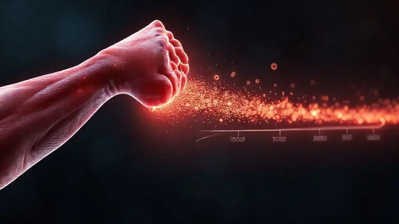 Ilustração digital de uma fibra muscular recebendo um fluxo contínuo de aminoácidos, representando o benefício do blend proteico para a hipertrofia.