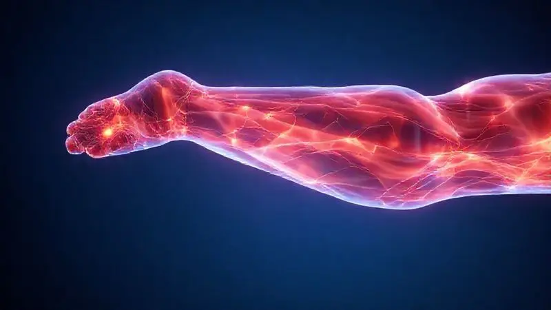 Ilustração conceitual do fortalecimento muscular em idosos com o uso de whey protein, mostrando fibras musculares se regenerando para combater a sarcopenia.