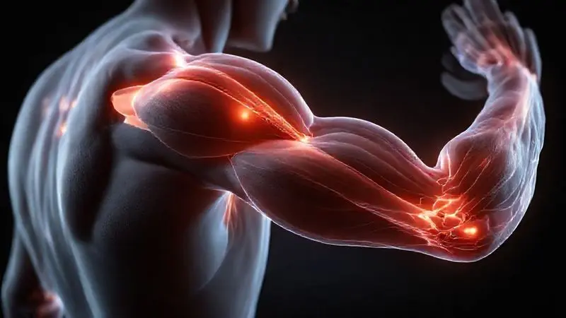 Render artístico do sistema muscular de um braço e ombro, destacando as fibras para ilustrar o ganho e manutenção de massa muscular.