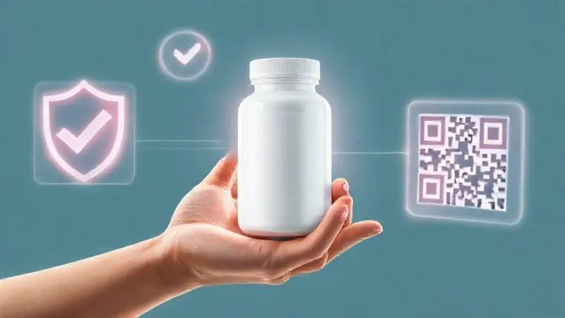 Ilustração conceitual de uma mão segurando um pote de suplemento com ícones de segurança, representando um guia de compra segura para whey original.