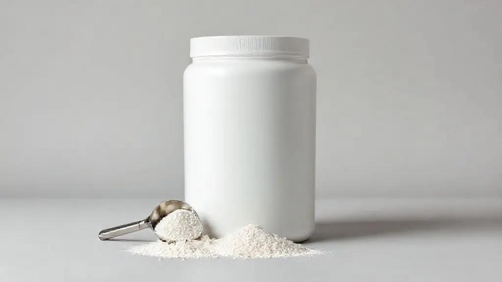 Pote de whey protein branco e minimalista, sem marca, ao lado de uma colher medidora, ilustrando o guia completo do suplemento para iniciantes.