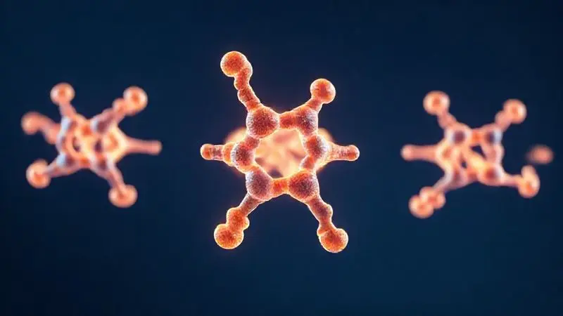 Render 3D artístico que ilustra a importância das proteínas como blocos de construção essenciais para o corpo.