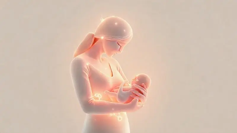 Ilustração conceitual mostrando a importância da proteína na amamentação, com moléculas formando uma barreira protetora para mãe e bebê.